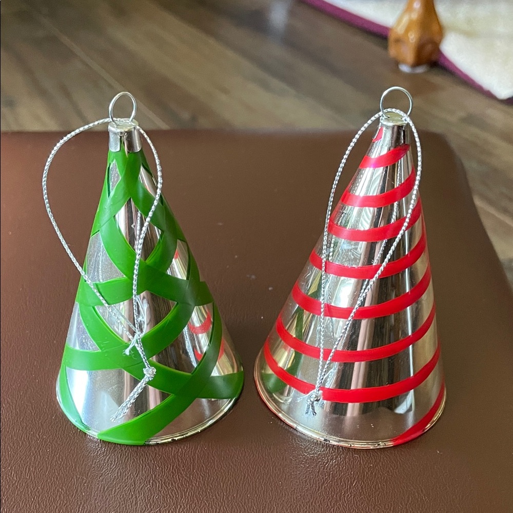 Set of 2 Cone Shaped Green/Red Christmas Tree Bell Ornaments